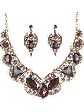 Chunky Crystal Flower Bib Necklace & Earrings Set | Statement Jewelry for Prom